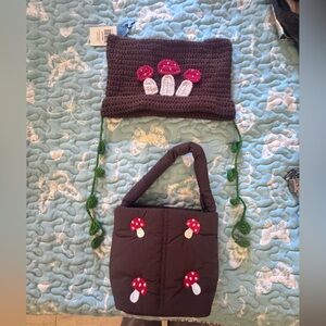 Hot Topic Brown and Red Mushroom puffer handbag with matching mushroom ear leaf